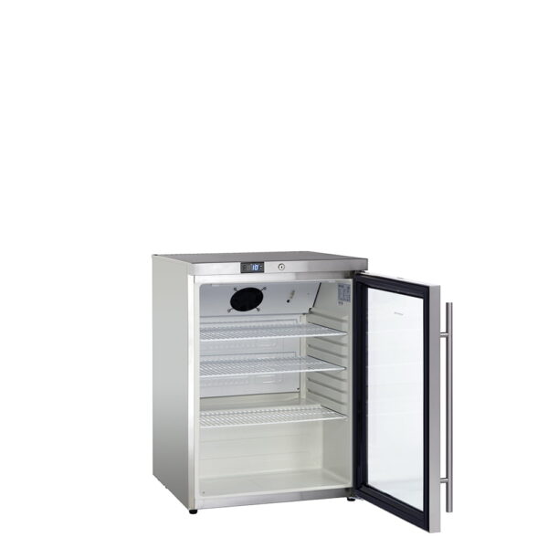 Køleskab med glaslåge på 145 liter - underbordsmodel, rustfri stål