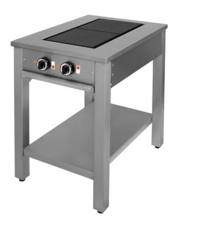 Masseplade kogebord fra Metalo med 2 hængslede vendbare plader for let rengøring. 